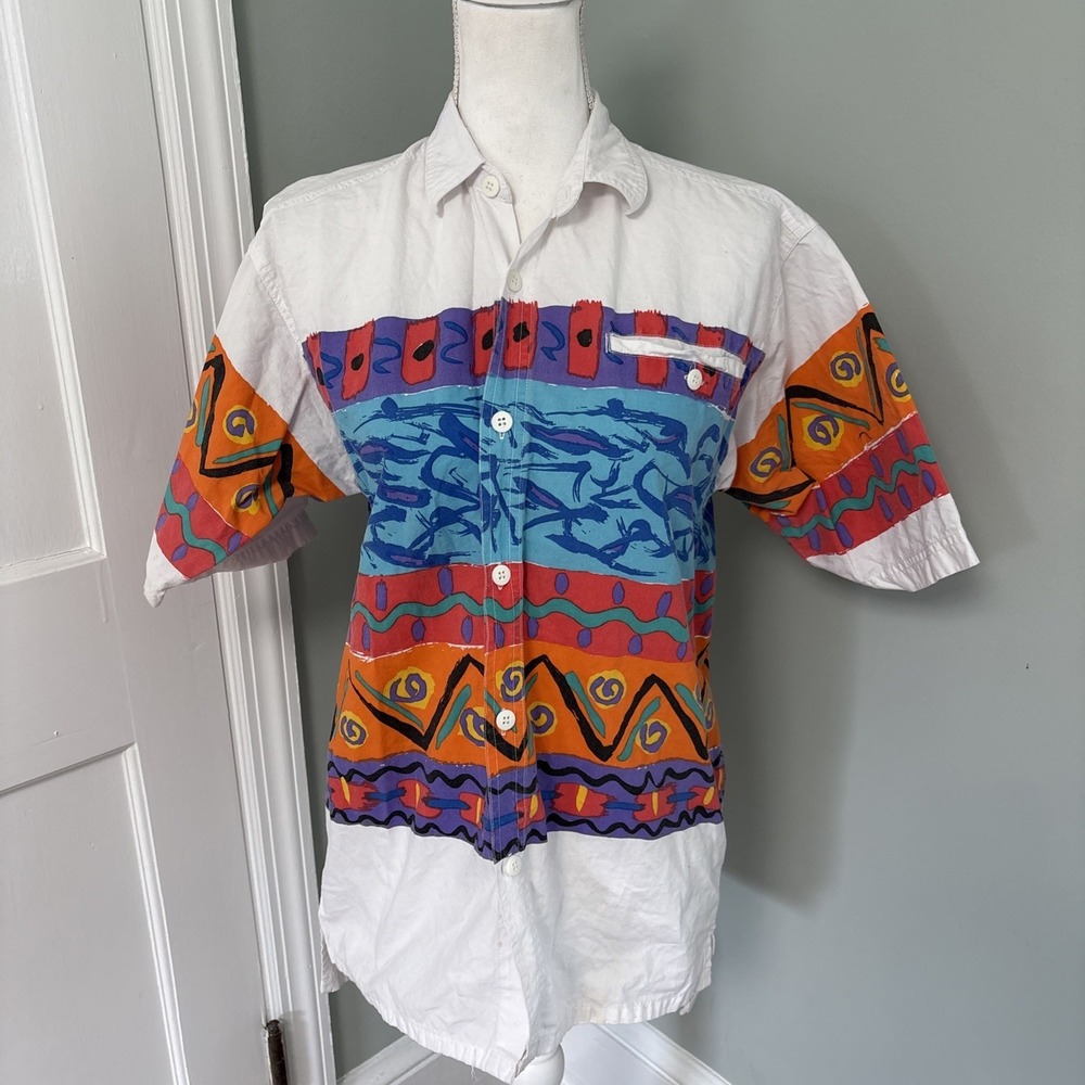 Vintage Bugle Boy Direction Button Down shirt XL Surf Beach geometric 80s 90s